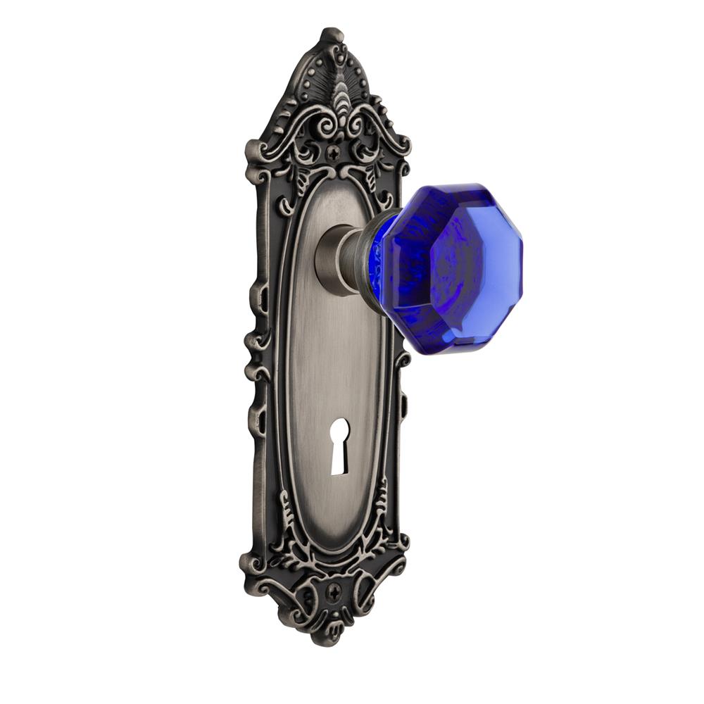 Nostalgic Warehouse VICWAC Colored Crystal Victorian Plate Interior Mortise Waldorf Cobalt Door Knob in Antique Pewter